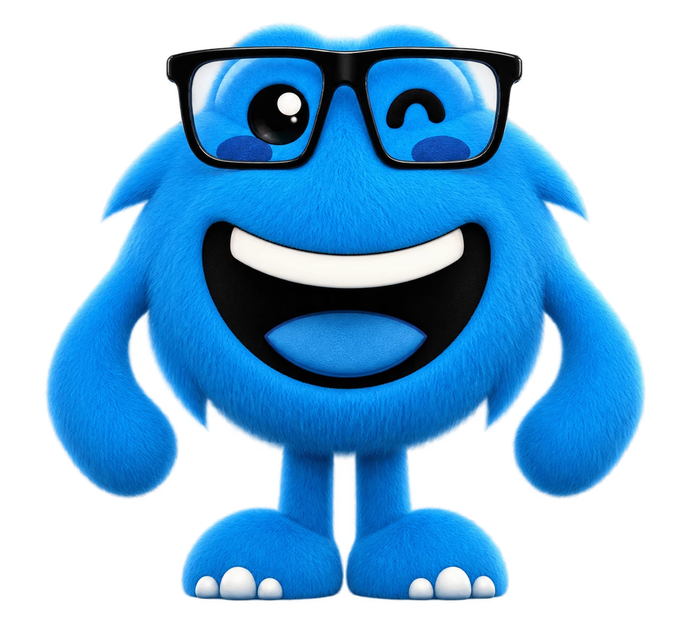 Mascote da Wink de óculos, analisando